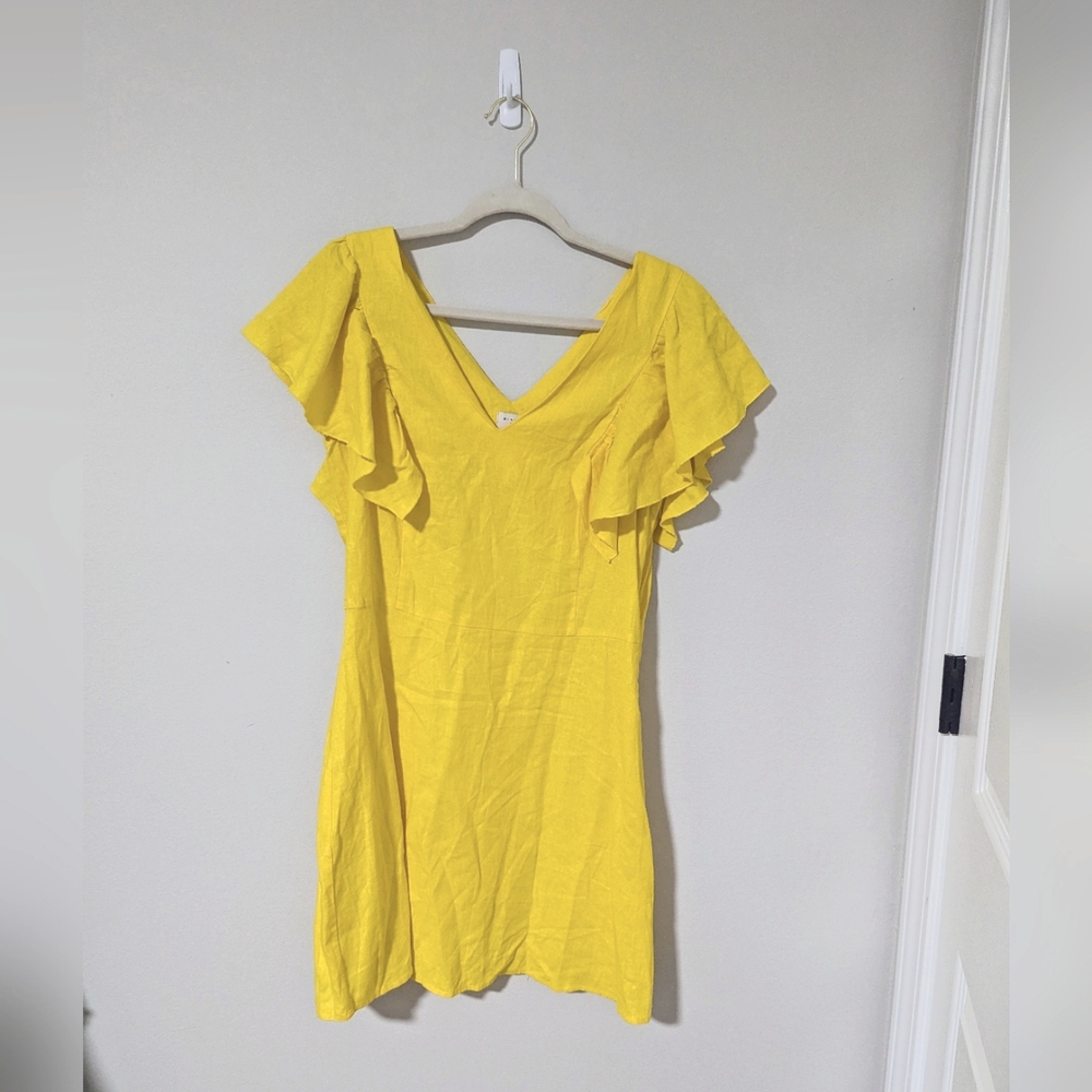 A New Day Yellow Flutter Sleeve Linen Dress SZ 8